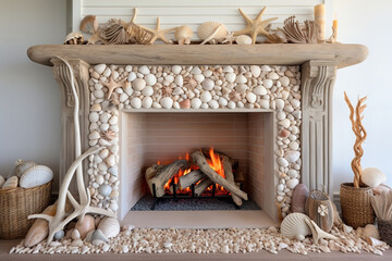 A beach-themed fireplace showcases driftwood and seashell decor, adding a coastal touch to a vacation home - obrazy, fototapety, plakaty