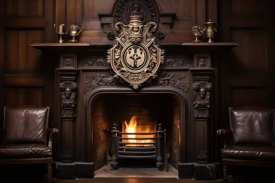  A fireplace has a cast iron backplate displaying a family crest, adding a personal touch to the classic design