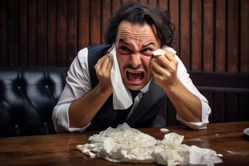 Sick man sneezes into a paper napkin or handkarchief on wooden background. New outbreak of the coronavirus pandemic. Covid pandemic in 2024 2025 pirola strain and omicron disease concept