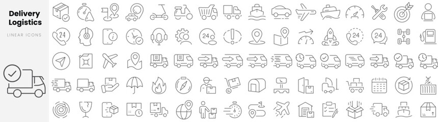 Set of linear Delivery logistics icons. Thin outline icons pack. Vector illustration. - obrazy, fototapety, plakaty