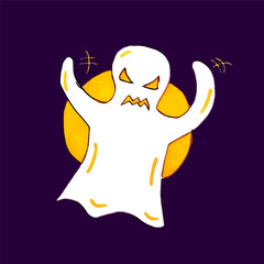 Vector scary face ghost on purple background. Halloween doodle icon. Terrible facial expressions.