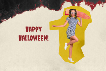 3d retro abstract creative artwork template collage of funny female serial killer hold chopped finger happy halloween surrealism metaphor