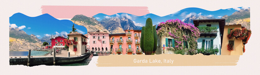 The collage from views of Lake Garda at Italy