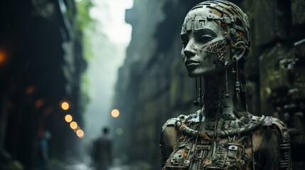Portrait of Alien Statue in Otherworldly Street. 