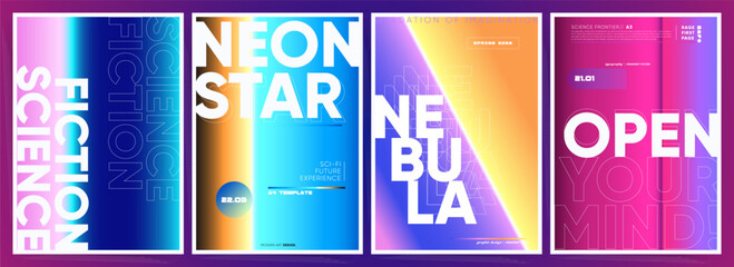 Holographic Neon Gradient Posters for Sci-Fi and Business Concepts. Futuristic Tech Templates for Music Covers, Books, and Abstract Backgrounds. Yellow, Blue, Purple Hues - Dark Cyberpunk Visuals.