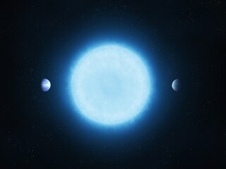 System of a blue star and two planets. Exoplanets near the sun. Earth-like planets in orbit around a blue supergiant.