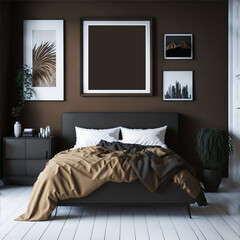 Minimal bedroom design ,mock up blank poster frame in bedroom,Home interior, luxury modern brown bedroom,3D render