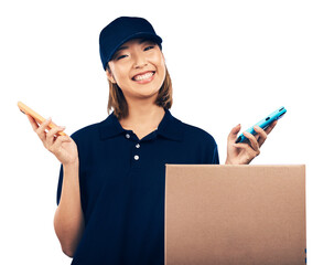 Courier, woman with box and portrait, smartphone and payment machine for delivery isolated on png transparent background. Digital signature, POS and e commerce, package and Asian distribution company