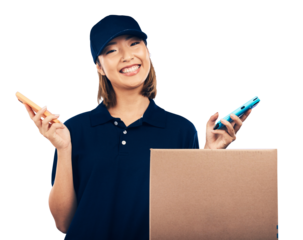 Courier, woman with box and portrait, smartphone and payment machine for delivery isolated on png transparent background. Digital signature, POS and e commerce, package and Asian distribution company