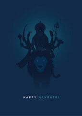 Happy Navratri Minimal Durga Maa Poster, Goddess Durga sitting on Lion, Minimal Poster for Durga Puja, Navami, Dusshera, Garba - Vector