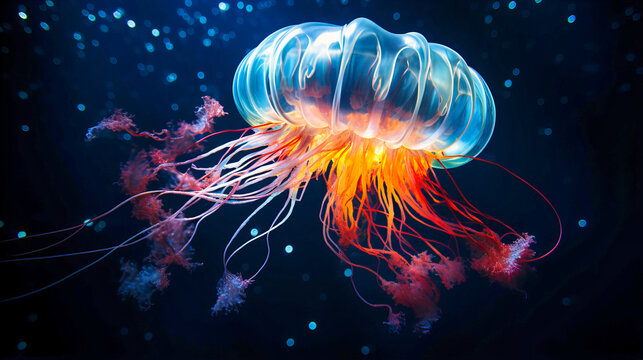 Luminescent jellyfish in deep ocean caverns