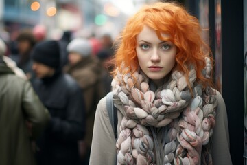 Portrait of a stylish young girl with vibrant orange hair and a fashionable wicker scarf - obrazy, fototapety, plakaty
