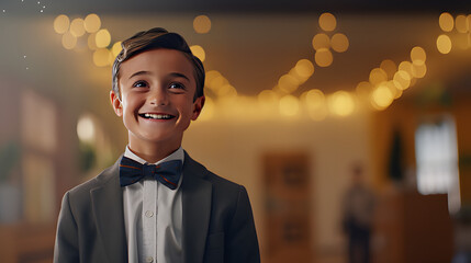 A Happy Kid with suit very happy smiling at home in house party - Generative Ai - obrazy, fototapety, plakaty
