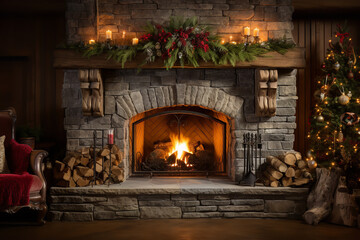 A cozy fireplace has crackling logs providing warmth, while its mantel is adorned with Christmas stockings and festive decorations - obrazy, fototapety, plakaty