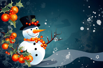 Christmas background with snowman, winter illustration. Postcard or congratulation. Copy space