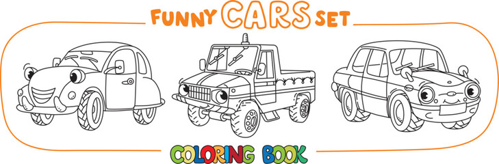 Funny small retro trucks. Cars coloring book