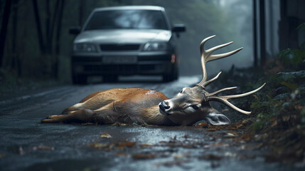 Road accident with a deer. A forest deer ran out onto the road and got into an accident. Deer hit by car