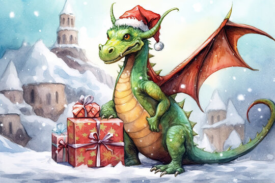Cartoon character cute green dragon in red Santa Claus hat with gifts in boxes in winter. Greeting card for new year 2024. Generative AI illustration
