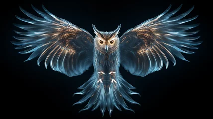Poster neon glowing generated owl on black background, predatory night bird logo, overlay layer © kichigin19