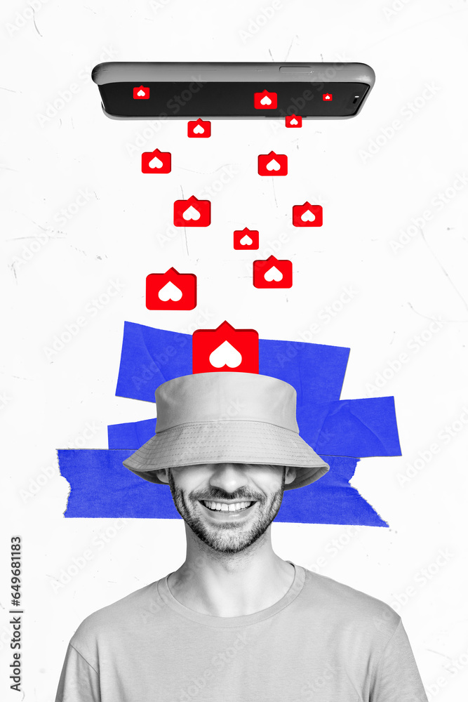 Aufkleber collage artwork sketch of young popular blogger stand under huge phone display rain social medial li