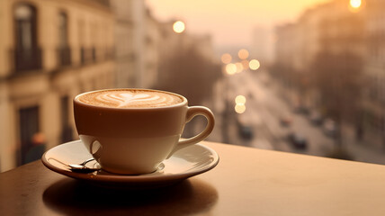 Fototapeta premium love for Viennese coffee, the shape of a heart in a cup of hot drink in a restaurant on a blurry background