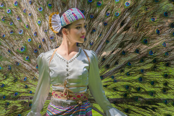 Beautiful girl the Burmese Art dancing performs imitating bird wings shown at the Chiang Mai,...