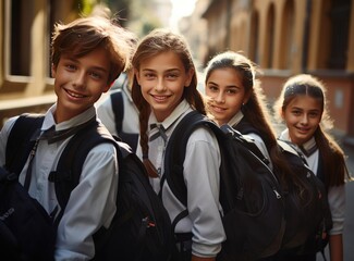 A group of schoolchildren in school uniforms and with backpacks