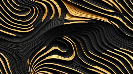 Abstract Wallpaper, seamless, soft curvy waves, pattern, black and gold colors, gradient, Wood carving layers, background