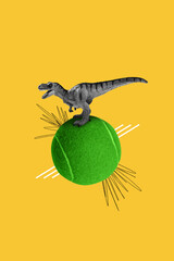 Picture poster collage of wind animal dinosaur on huge tenis green ball isolated over drawing...