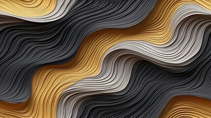 Abstract Wallpaper, seamless, soft curvy waves, pattern, gold and black and white colors, gradient, Wood carving layers, background