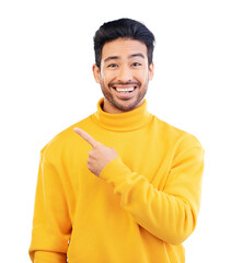 Pointing, happy and portrait of young man by mockup space for marketing, promotion or advertising...