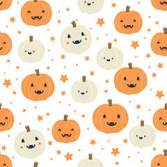 Seamless pattern of cartoon pumpkins and stars on white background