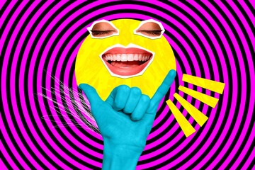 Creative banner poster collage of shaka symbol arm funny face smile closed eyes isolated on...