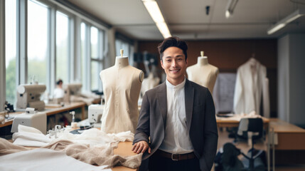 Professional portrait of a male tailor or fashion designer smiling and posing in his creative workshop among mannequins and various sewing workshop tools.