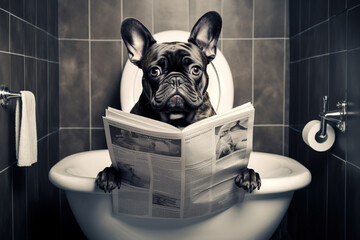 French bulldog sitting on a toilet seat reading the newspaper - obrazy, fototapety, plakaty