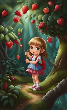there is a little girl that is standing in the woods.