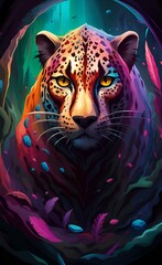 brightly colored leopard in a forest with a dark background.