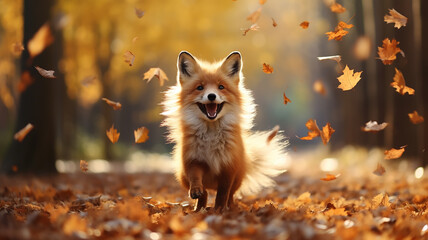 cartoon plush cute fox runs in leaf fall on autumn leaves a view of wild nature joy of change,...