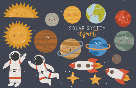Solar system clipart, Kawaii planets vectors, Educational illustration, Space clipart vectors, Digital kids clipart, School items vector