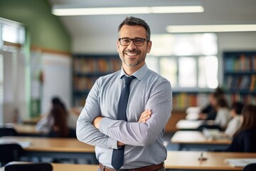 handsome teacher standing in school classroom with blurred background, lecturer
