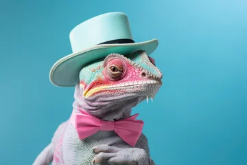 Keuken spatwand met foto Colourful chameleon wearing a stylish hat and tie on a light blue background, creative looking picture of a chameleon on isolated background © fogaas