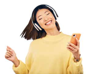 Headphones, phone or happy Asian woman listening to music isolated on transparent PNG background. Dancing, energy or excited person streaming a fun radio song, sound or audio on online subscription