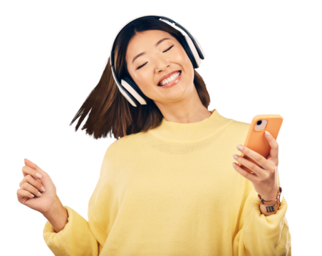 Headphones, phone or happy Asian woman listening to music isolated on transparent PNG background. Dancing, energy or excited person streaming a fun radio song, sound or audio on online subscription - Powered by Adobe