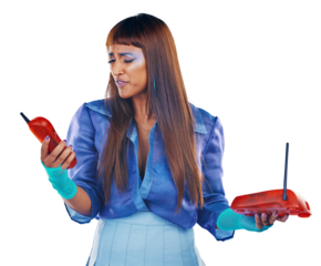 Isolated woman, cyberpunk makeup or telephone for stress, anger or connection error by transparent png background. Gen z girl, cosmetic and think in fantasy, retro futuristic or psychedelic aesthetic