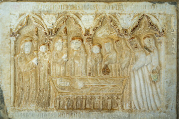 abbey of San Martín de Canigó, tombstone of a bishop, Conflent region, Pyrénées-Orientales, Languedoc-Roussillon region, French Republic, Europe