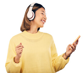 Music, phone or happy Asian woman listening to podcast isolated on transparent PNG background....
