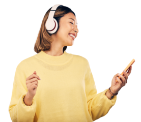 Music, phone or happy Asian woman listening to podcast isolated on transparent PNG background. Smile, headphones or gen z person streaming a fun radio song, sound or audio on online subscription