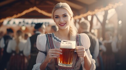 Naklejka premium Blonde girl with beer at Oktoberfest at festive envirionment