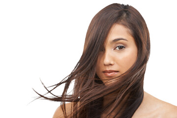Face, hair care and woman with salon glow for brazilian or keratin treatment in studio isolated on...