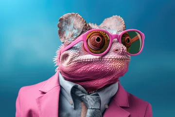 Zelfklevend Fotobehang Portrait of a pink coloured elephant ear chameleon wearing a pink suit and sunglasses and blue shirt on a light blue background, creative looking picture of a reptile on isolated background © fogaas